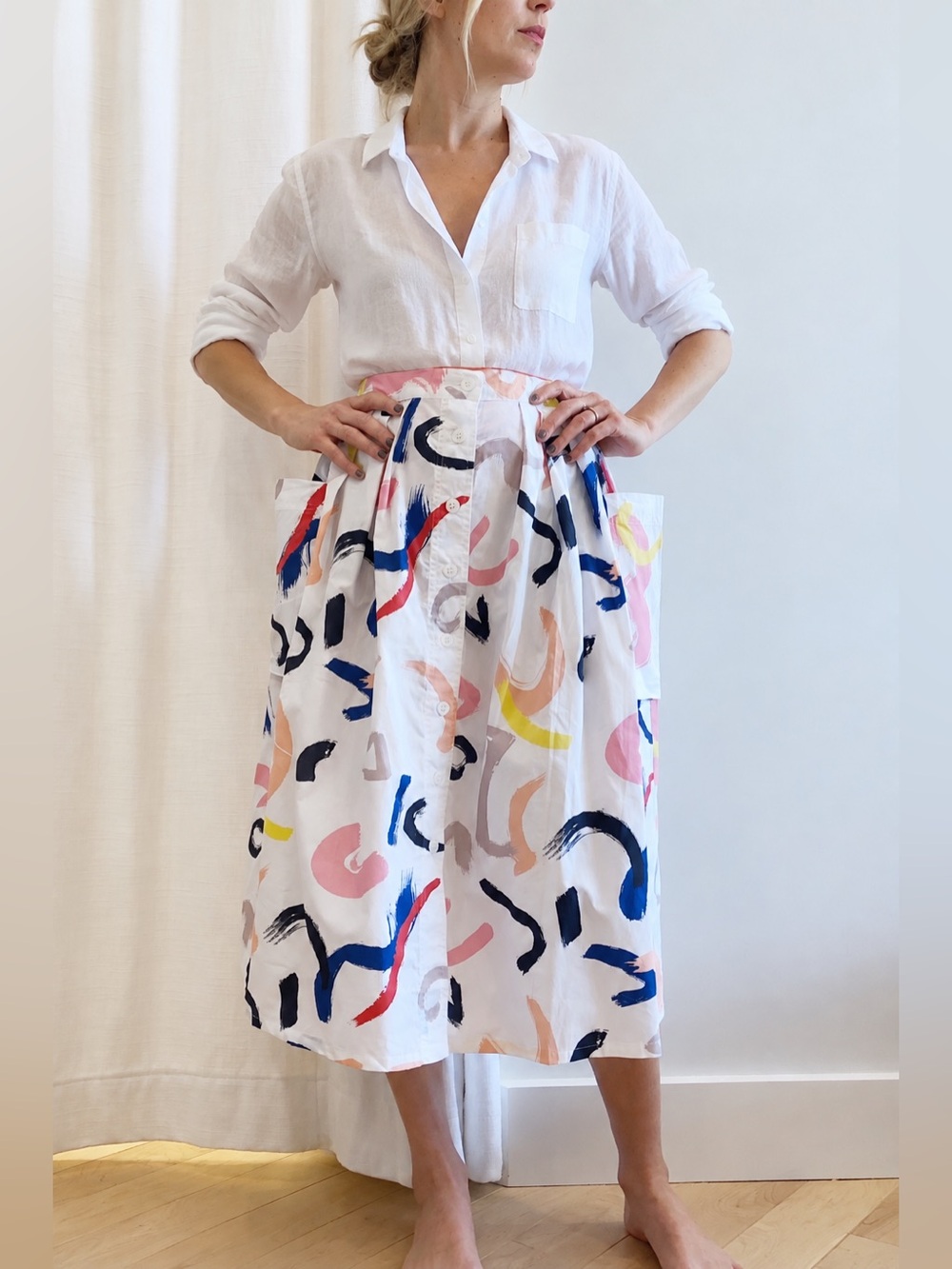 LF Markey Botany Midi Skirt Colorful Abstract Button Front Cotton Pleated size 2